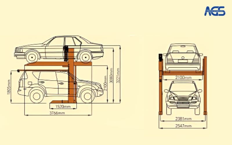 Bản vẽ kỹ thuật của sàn nâng xe hơi 2 tầng nổi AGS-1127