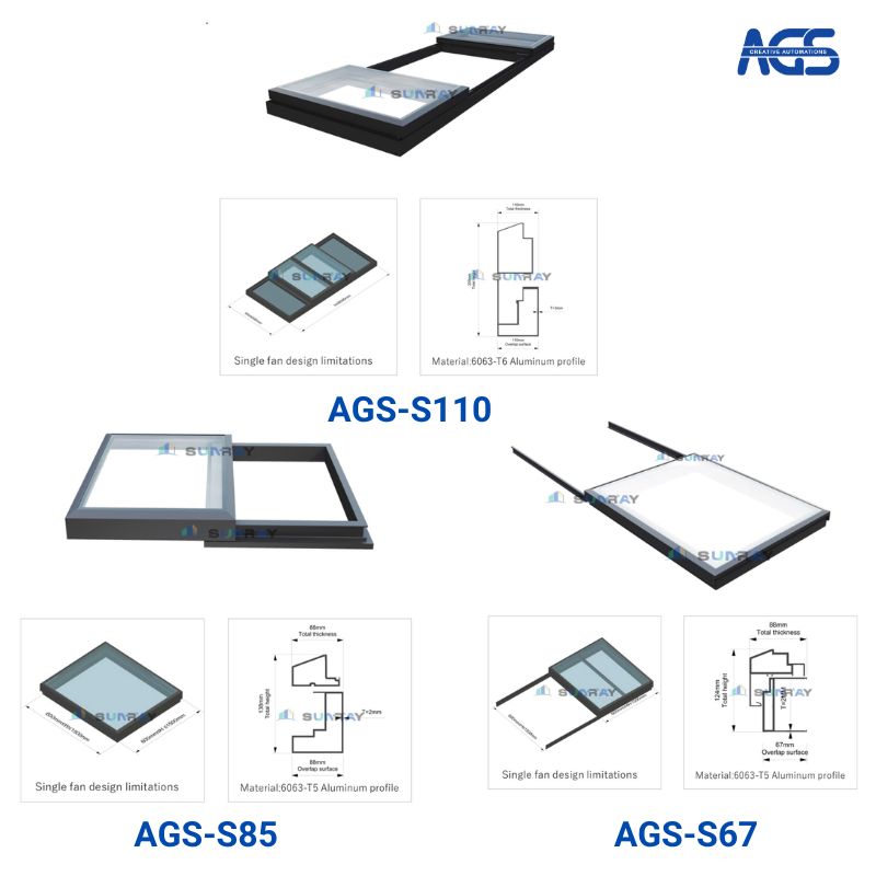 Hình ảnh minh hoạ và thông số kỹ thuật của 3 mẫu mái kính mở lùa tự động