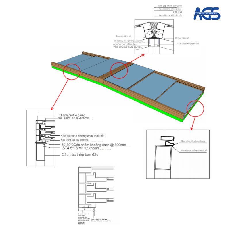 Cấu tạo và bản vẽ kỹ thuật của mái kính xếp lớp cao cấp