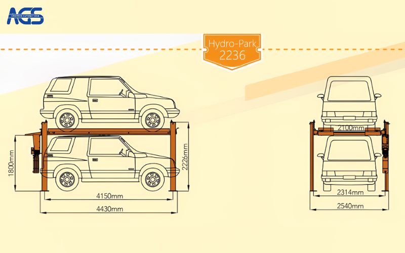 Bản vẽ kỹ thuật thể hiện thông số kích thước của sàn nâng xe AGS-2236