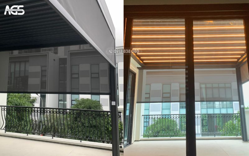 Bộ đôi mành mát tự động AGS được bố trí với mái nhôm xếp lật giúp tăng công năng sử dụng