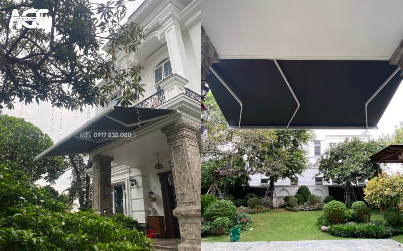 Mái hiên khi mở ra che hoàn hảo bộ cửa gỗ quý