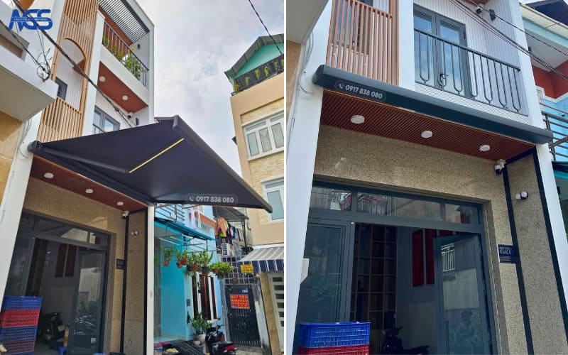 Mái hiên tự động nhập khẩu có thể bung mở để che nắng mưa và thu gọn để tạo độ thoáng cho căn nhà