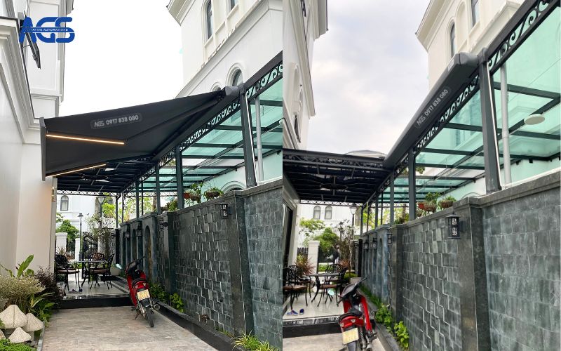 Mái hiên tự động tại Hải Phòng khi mở ra giúp che chắn hiệu quả, khi đóng lại nằm gọn gàng trong khung, đạt thẩm mỹ cao