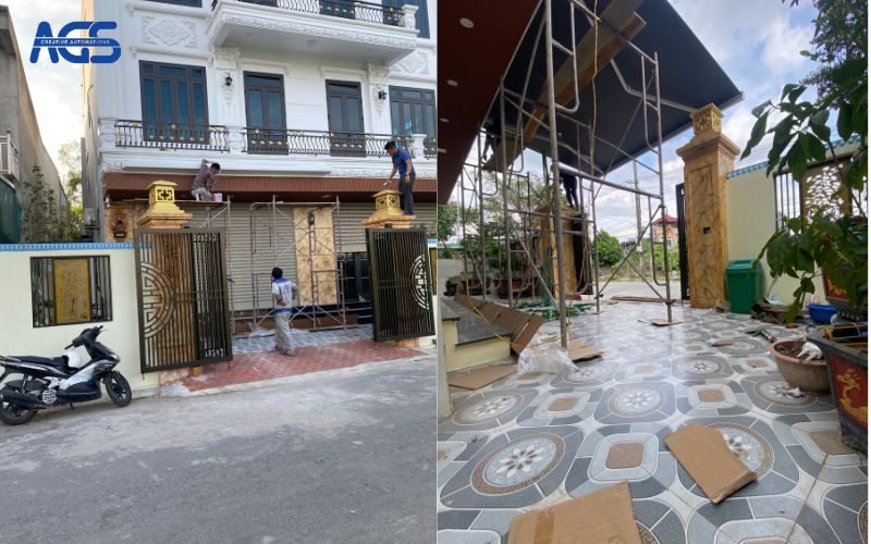 Mái hiên tự động bao phủ phần sân trước.