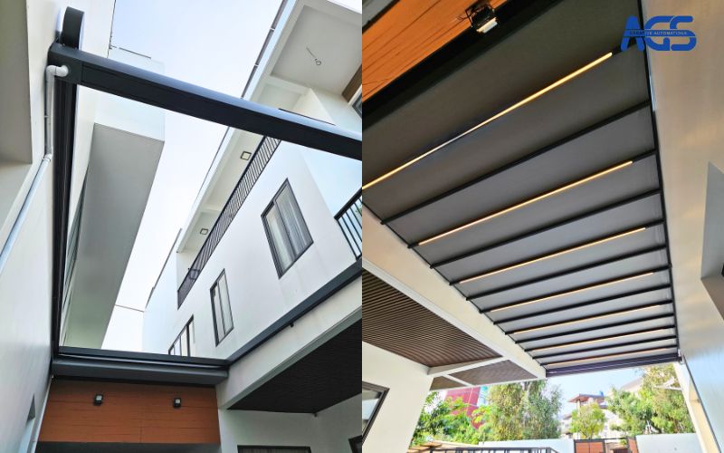 Mái bạt xếp do AGS lắp đặt tại biệt thự của anh Thắng.