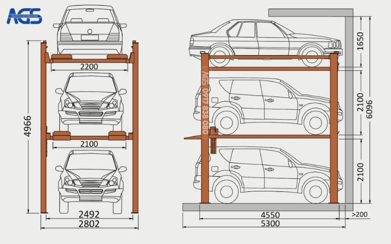 Kích thước tiêu chuẩn của bàn nâng ô tô 3 tầng nổi AGS-2525