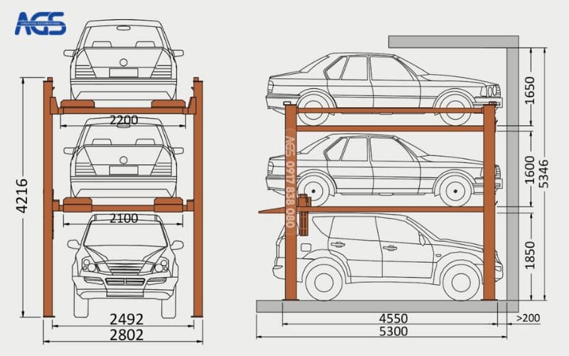 Kích thước tiêu chuẩn của sàn nâng ô tô 3 tầng nổi AGS-2625