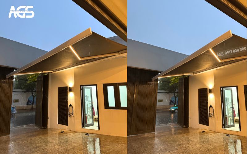 Mái hiên có diện tích hơn 16m2, che mưa nắng hoàn toàn.