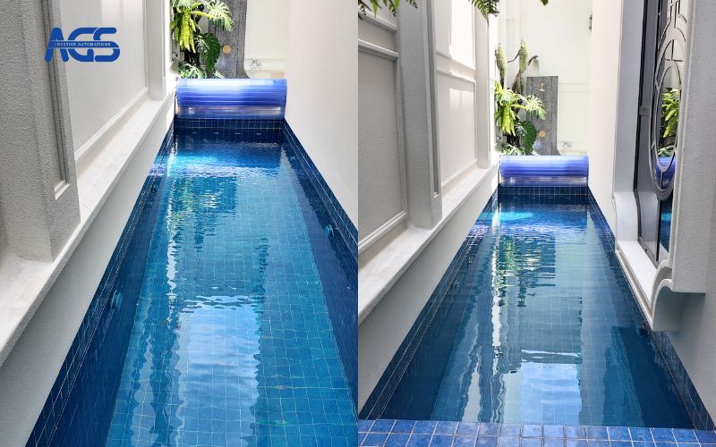 Mành che được lắp nổi trên hồ bơi