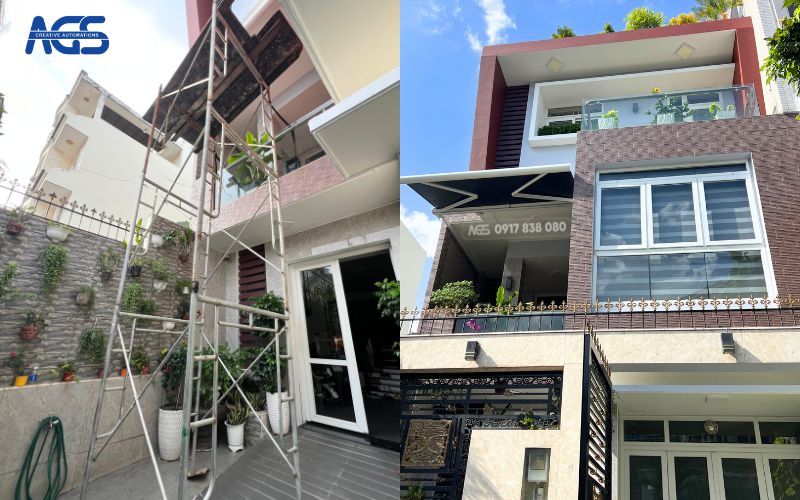 Mái che thông minh lắp ở ban công tầng 2.
