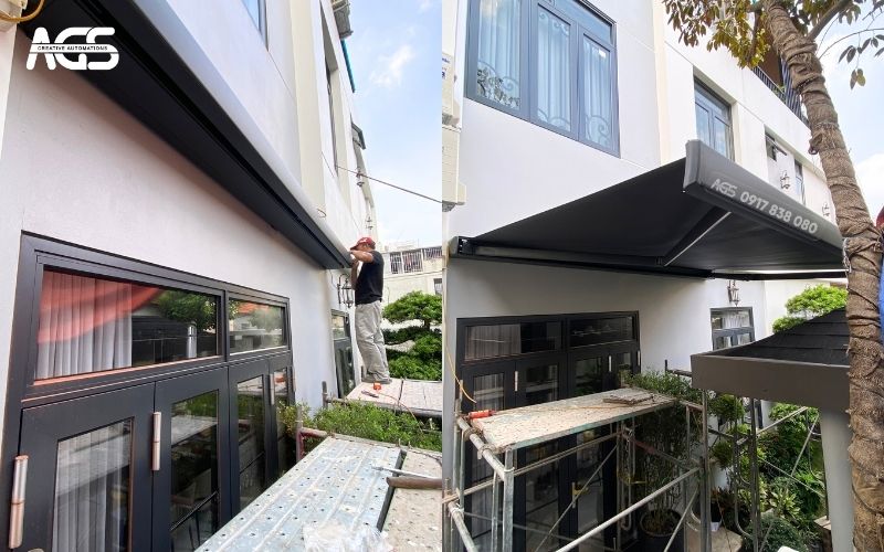 Nhân viên AGS thi công lắp mái che tại sân sau nhà chị Trang.