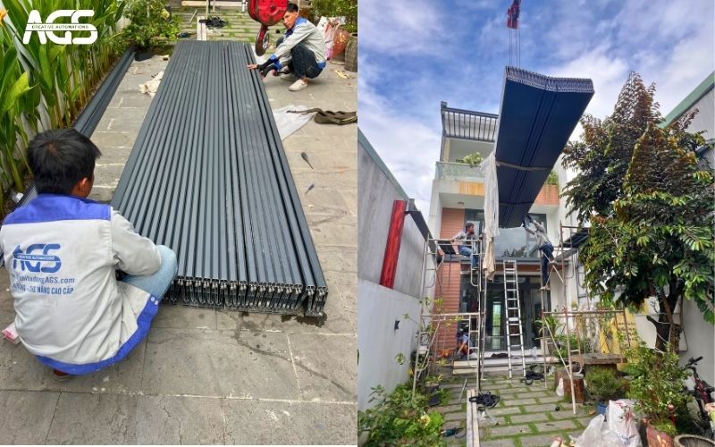 Nhân viên AGS lắp mái nhôm cho nhà anh Huy.