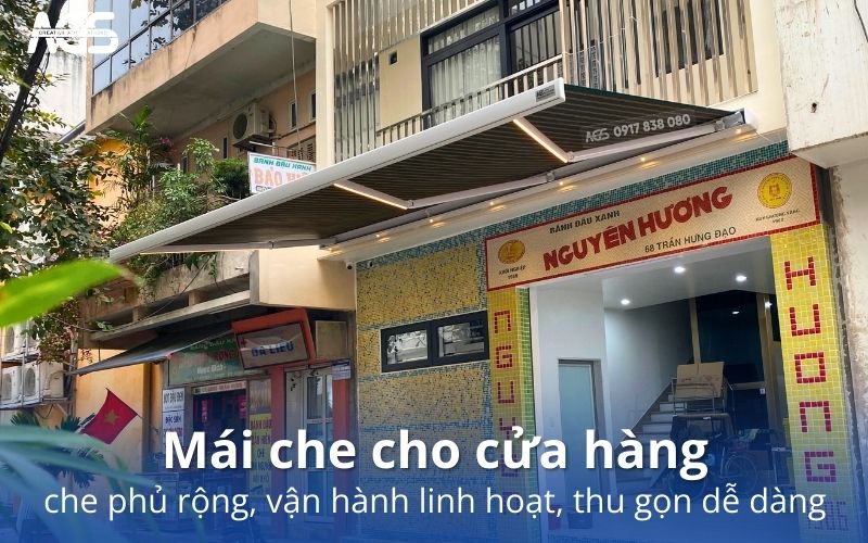 mái hiên tại cửa hàng bánh đậu xanh Nguyên Hương