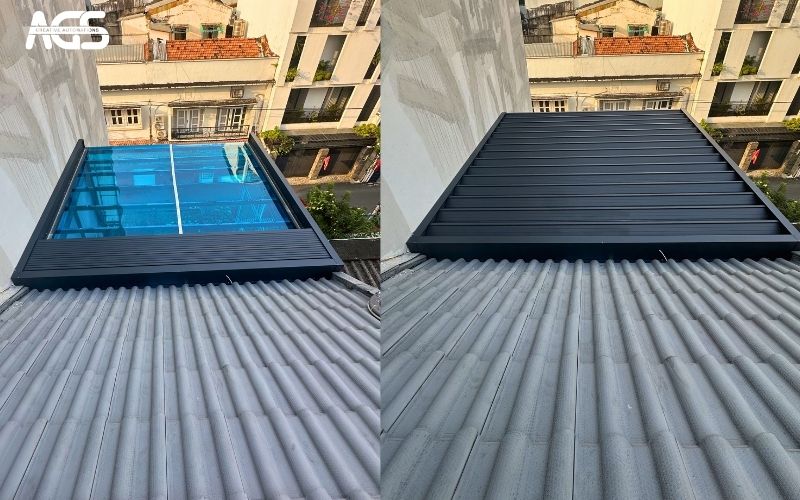 Mái nhôm có thể đóng mở theo nhu cầu của chủ nhà.