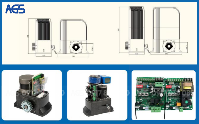 Bản vẽ kỹ thuật và mặt trong của motor cổng tự động AGS-DCK 388DC