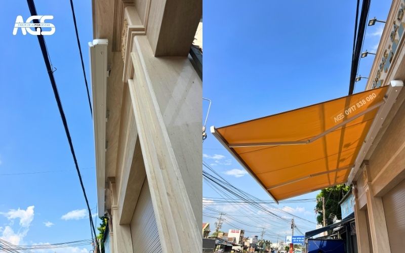 Mái hiên thu gọn và mở ra dễ dàng chỉ bằng một nút bấm.