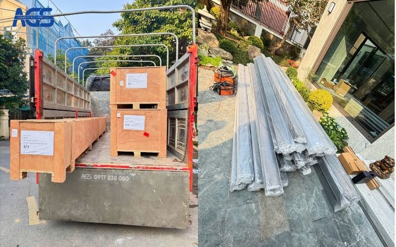 Mái nhôm AGS nguyên đai nguyên kiện được vận chuyển đến công trình.