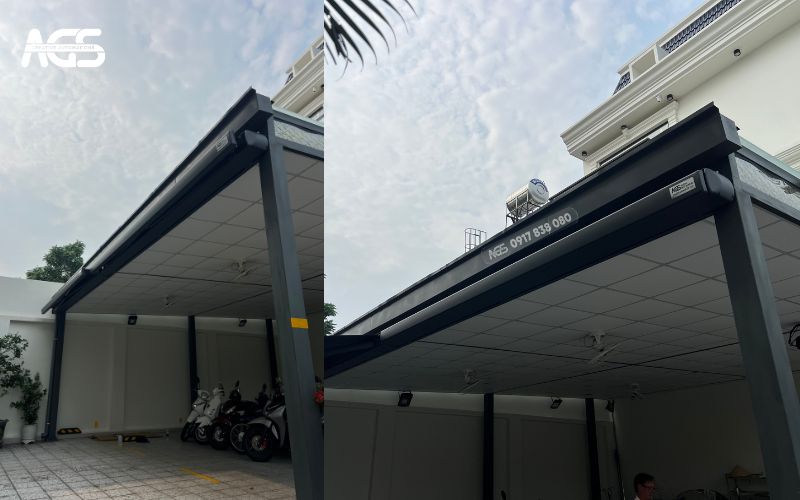 Mái hiên che nhà xe tự động được thu gọn hoàn toàn